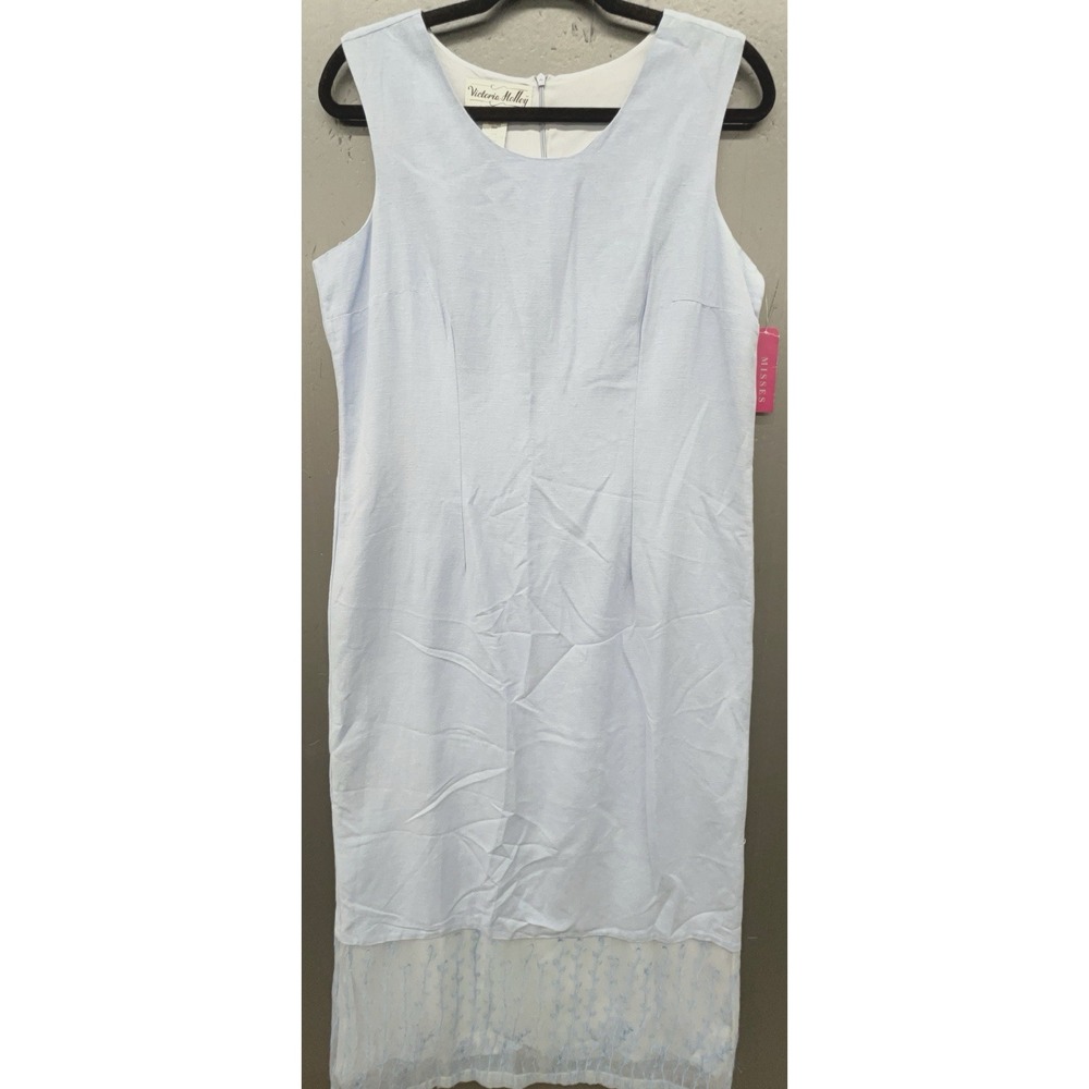 Vtg Victoria Holley Dress 10 Powder Blue Linen Blend Embroider Coastal Prep New